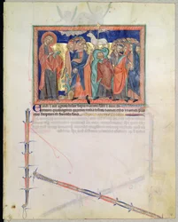 St. Johannes der Evangelist beobachtet, wie hundertvierundvierzigtausend das Lamm auf dem Berg Zion anbeten, aus der Gulbenkian-Apokalypse, ca. 1265-70